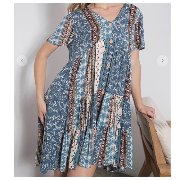 Boho V-Neck Border Print Tiered Mini Dress - Picture 4 of 5